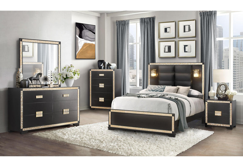BLAKE BLACK/GOLD KING BED WITH LAMPS, DRESSER, MIRROR, 2 NIGHTSTAND