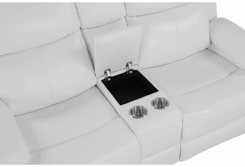 U6026 Blanche White Console Reclining Loveseat with LED and Speaker