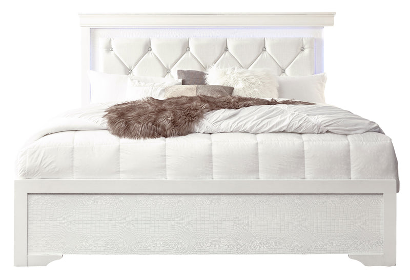 POMPEI METALLIC WHITE QUEEN BED, DRESSER, MIRROR AND 2 NIGHTSTANDS