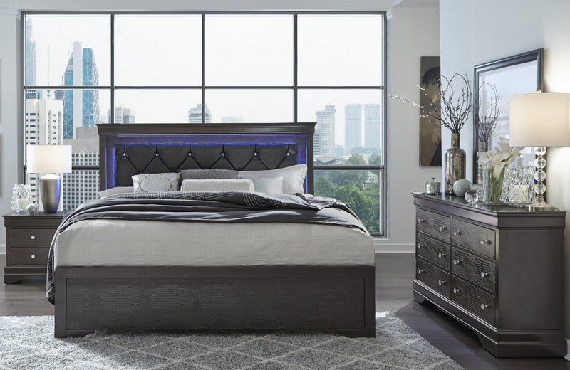 POMPEI METALLIC GREY QUEEN BED GROUP WITH LED