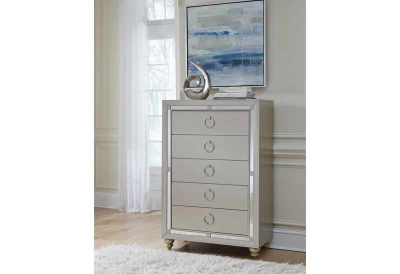 RILEY SILVER QUEEN BED, DRESSER, MIRROR AND 2 NIGHTSTANDS